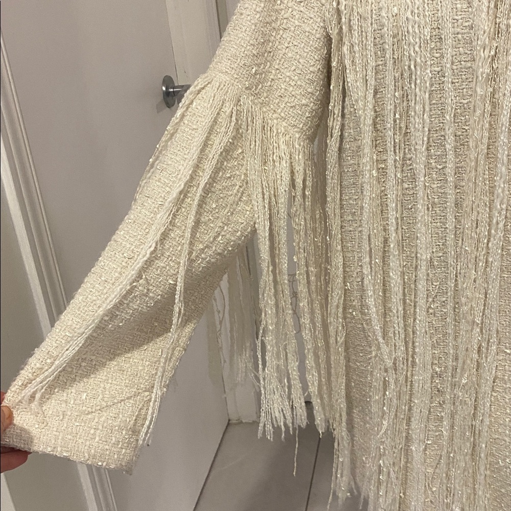 ZARA Ecru Cream Fringe Open Cardigan Tweed Textured Structured Jacket Sze Small - Picture 7 of 17